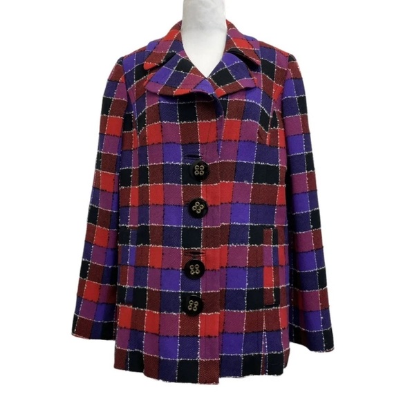 Milly Nyk Vintage Red & Purple Wool Blend Square Plaid Button Front Jacket - Picture 1 of 12